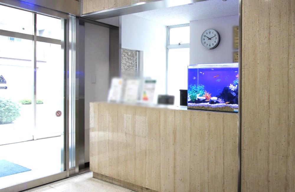 受付カウンターに設置された青い照明の熱帯魚水槽