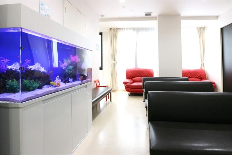 待合室に設置された大型海水魚水槽と黒いソファの風景