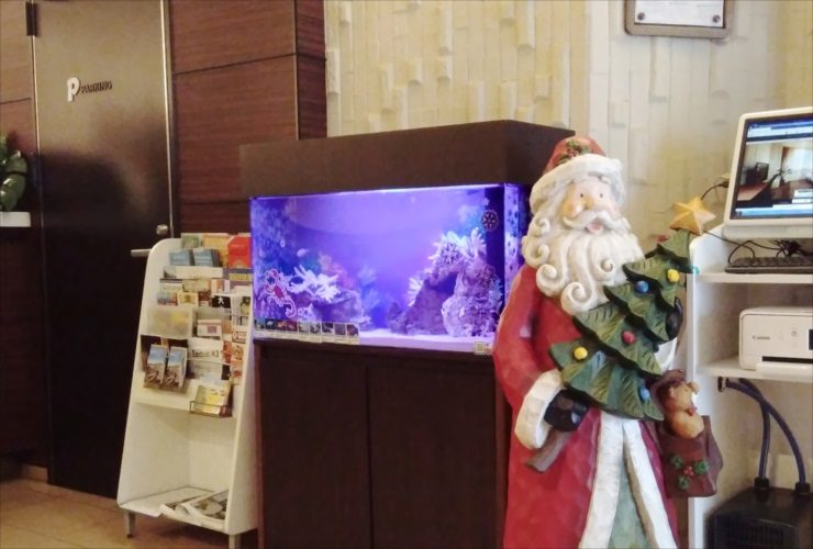 サンタの置物と青い照明の熱帯魚水槽がある室内風景