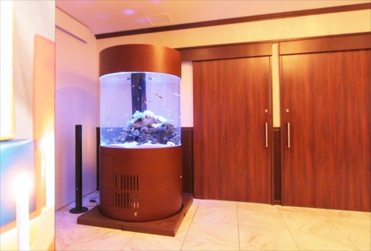 木目調の扉の前に設置された円柱型の海水魚水槽