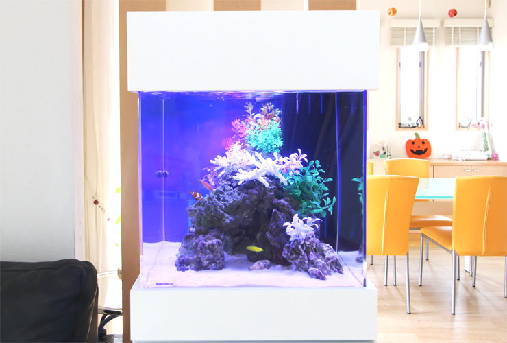 青い照明の海水魚水槽と白い水槽台があるリビングの風景