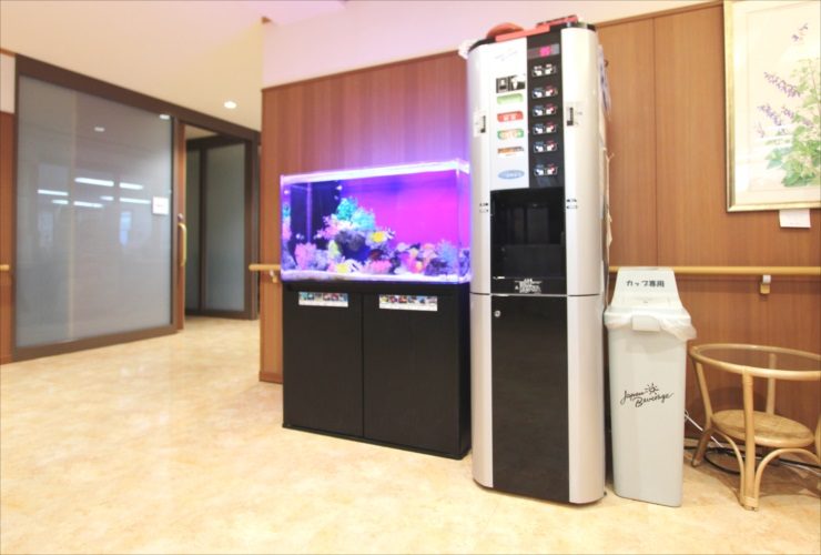 給茶機の横に設置された紫色の照明が光る海水魚水槽