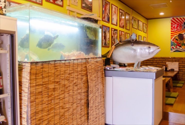 飲食店内に設置された大型水槽とマグロの模型のある風景