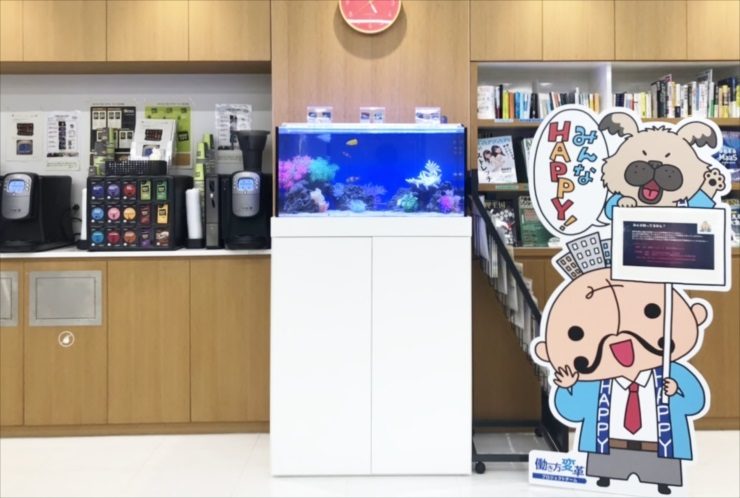 オフィスに設置された海水魚水槽とキャラクターパネル