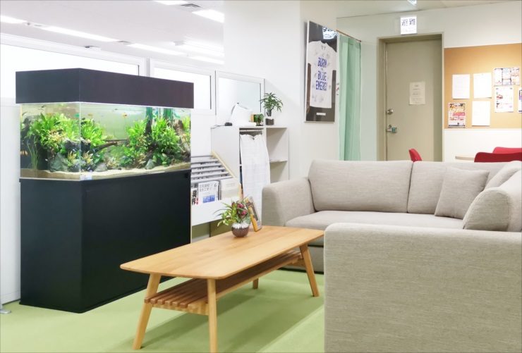 ソファのある休憩室に設置された大型の水草水槽