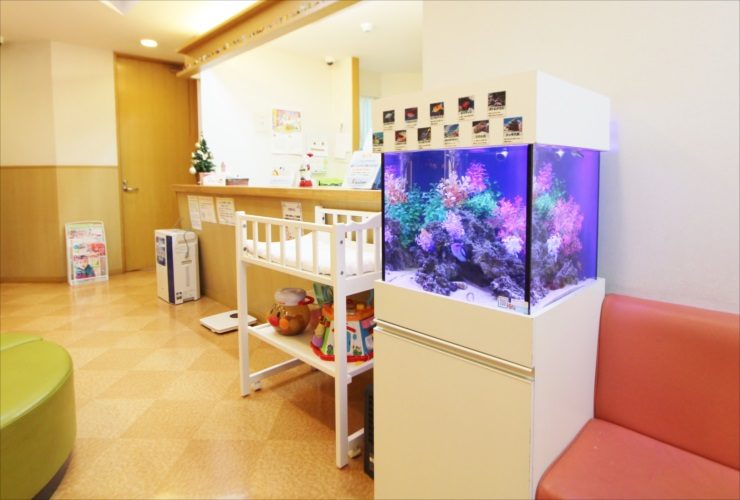 病院の待合室に設置されたカラフルな人工水草の水槽