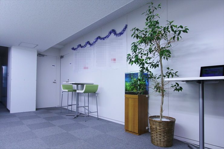 オフィスに設置された小型水槽と観葉植物のレイアウト