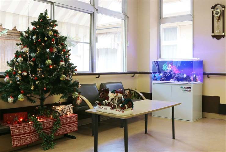 クリスマスツリーと青く光る海水魚水槽が置かれた室内
