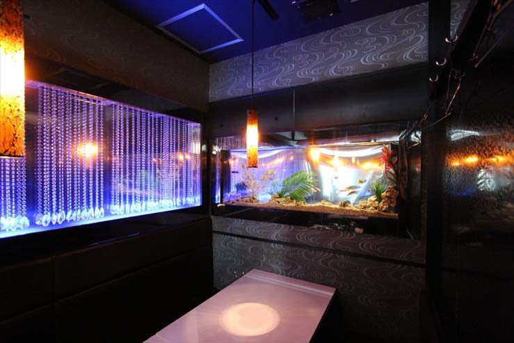 青い照明のバブルパネルと熱帯魚水槽がある飲食店の個室