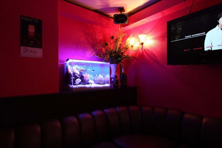 ピンクの照明に照らされた店内の水槽と黒いソファ