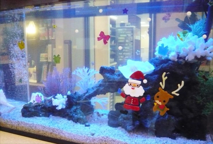 サンタとトナカイのシールで装飾された海水魚水槽