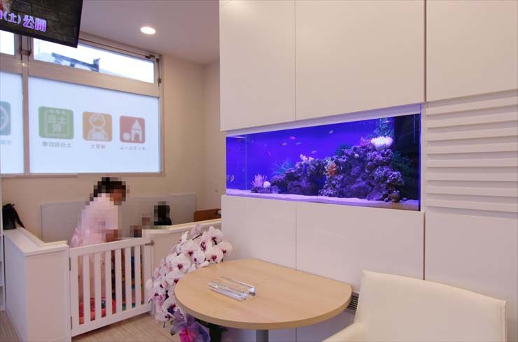 白い壁に埋め込まれた青い照明の海水魚水槽と待合室の風景