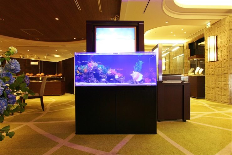 ホテルのロビーに設置された大型の海水魚水槽
