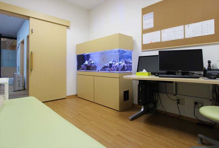 診察室のデスク横に設置された大型の海水魚水槽