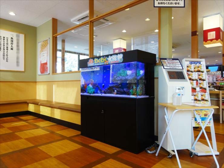 わくわく水族館と書かれた飲食店内の大型海水魚水槽