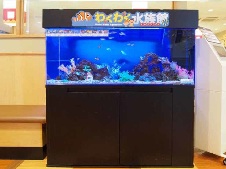 わくわく水族館の看板がある海水魚水槽の設置事例