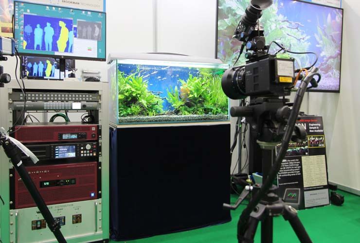 カメラで撮影される水草水槽と解析モニターの機材一式