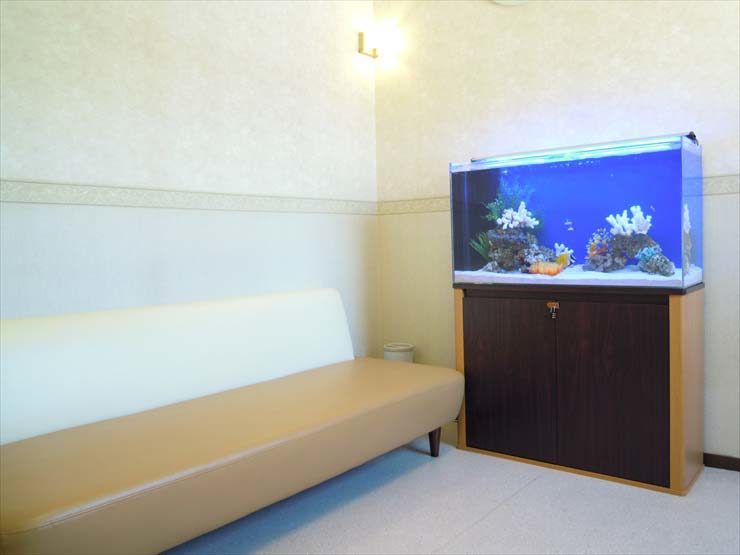 待合室のソファ横に設置された海水魚水槽と専用台