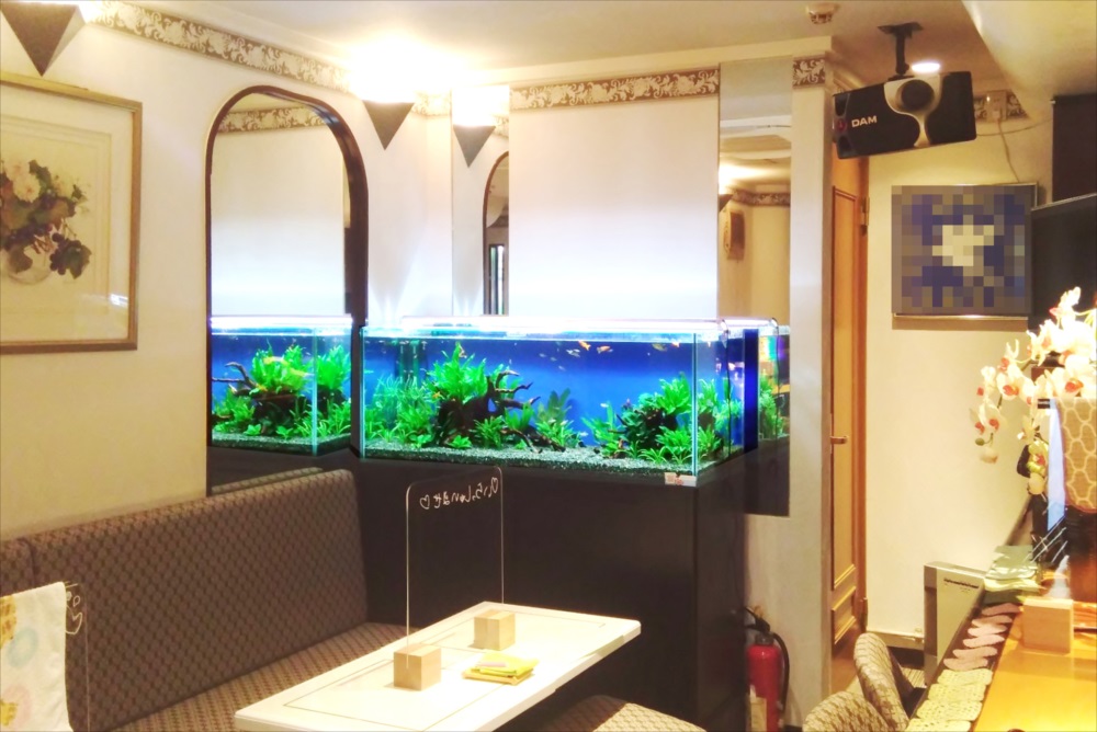 飲食店内に設置された大型の熱帯魚水槽とソファ席