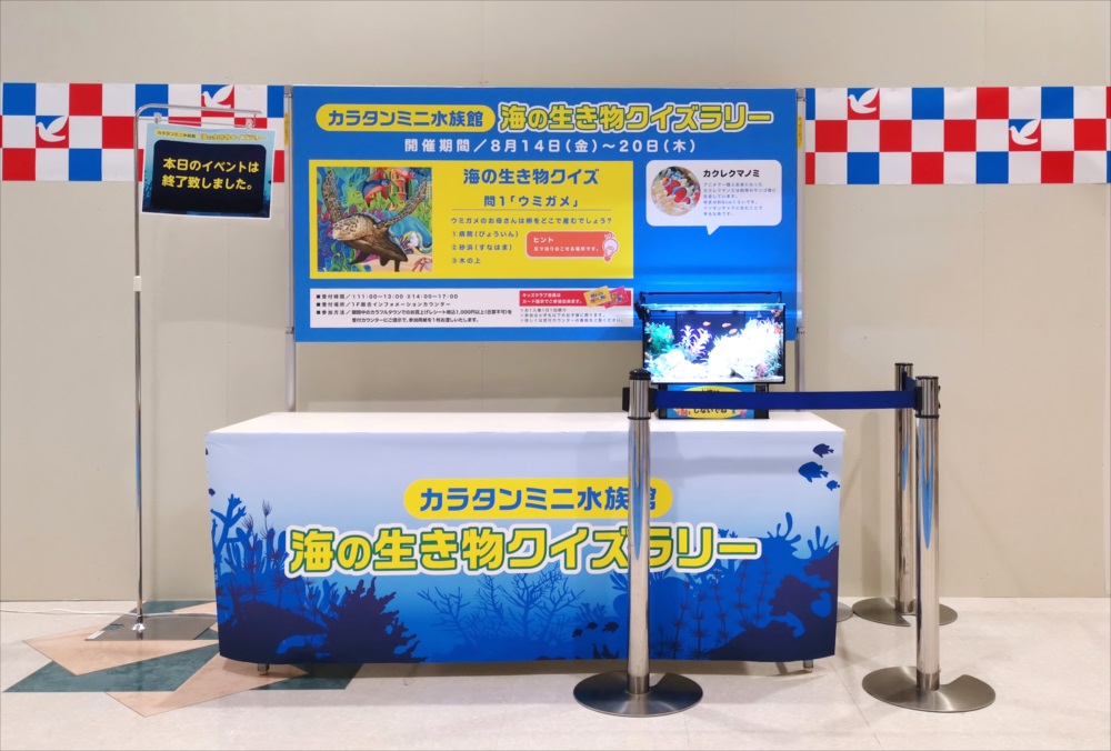 海の生き物クイズラリー会場に設置された小型水槽と看板