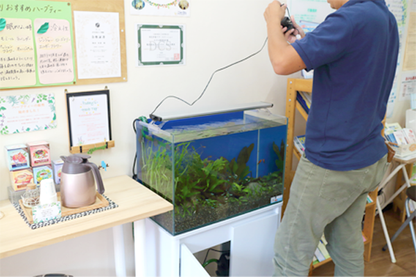 水槽のメンテナンスを行う作業員と室内の水草水槽