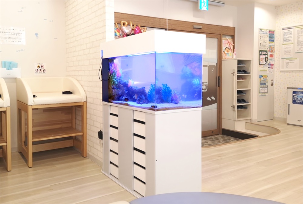二俣川こどもクリニックの待合室　90cm海水魚水槽　斜め全体画像