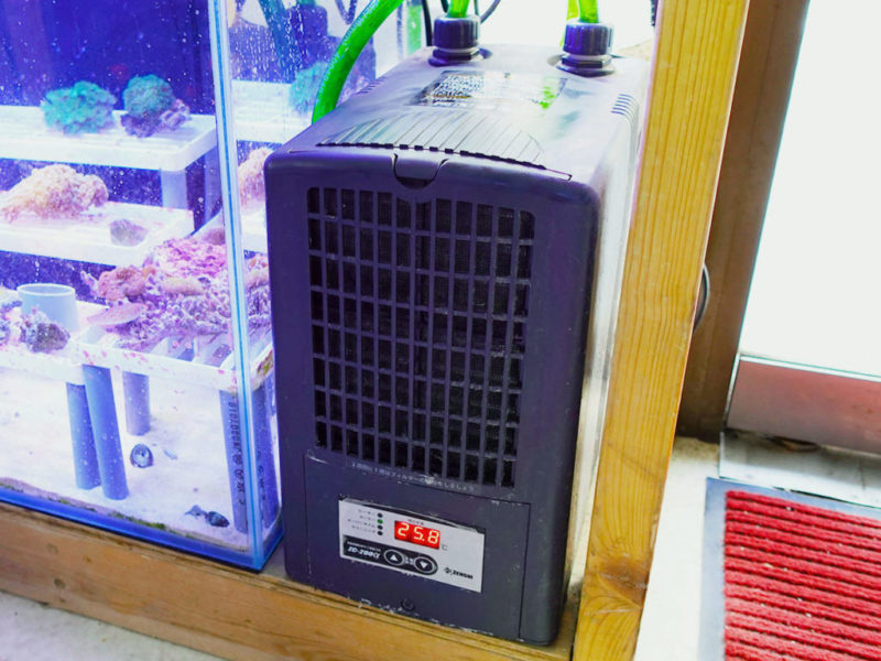 水槽横に設置されたデジタル表示付きの観賞魚用クーラー