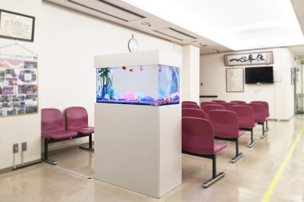 病院の待合室　90cm金魚水槽　斜め画像