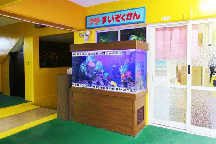 プチすいぞくかんの看板と大型の海水魚水槽