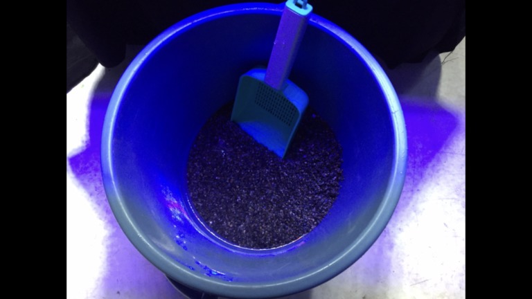 青いバケツに入った底砂と水槽用スコップの俯瞰写真
