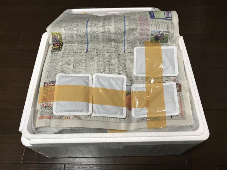 発泡スチロール内の新聞紙に貼られた4つの使い捨てカイロ