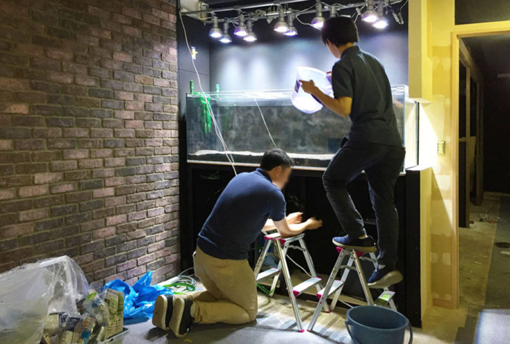 大型水槽の設置作業を行う2人のスタッフと照明機材
