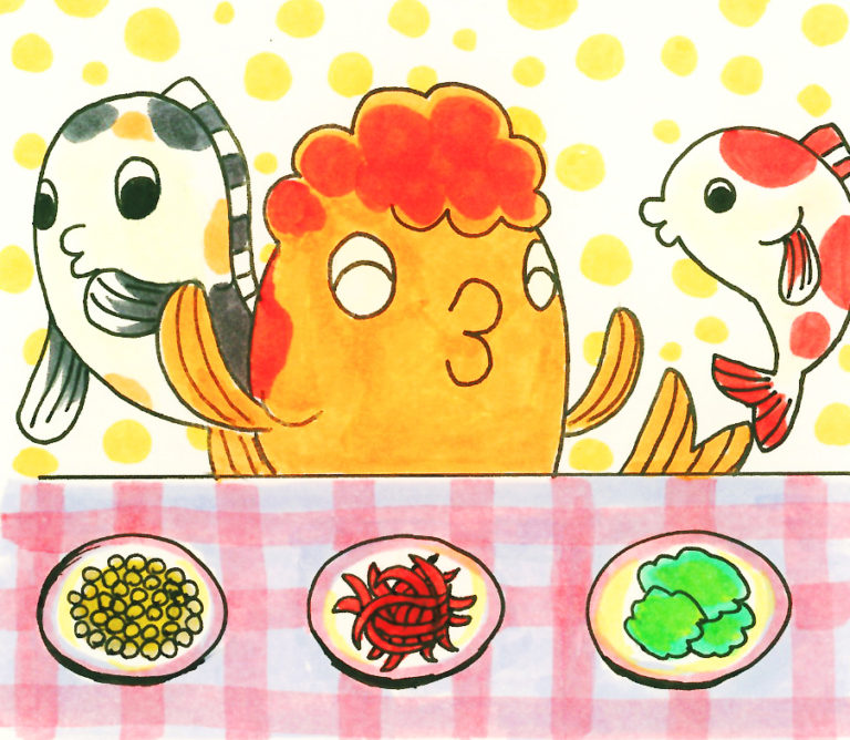 3種類の餌を前に並べる金魚のイラスト