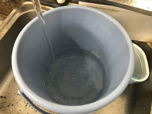 シンク内の青いバケツに水を注ぐ様子
