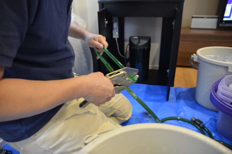 カッターで水槽用ホースを切断する作業員の手元