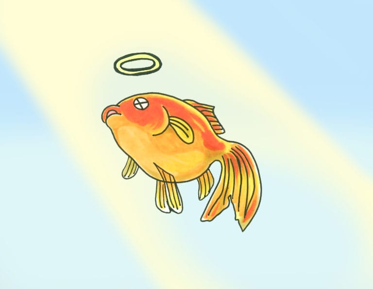 頭上に輪があり目がバツ印の金魚のイラスト