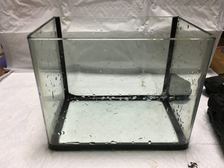 水滴が付着した黒いフレームの空のガラス水槽