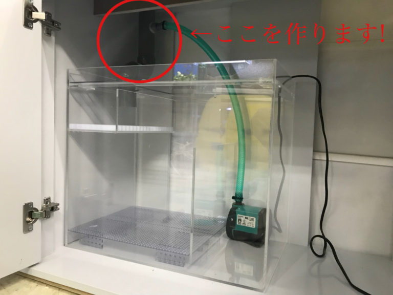 水槽台内の濾過槽と配管接続部を指す赤丸の画像