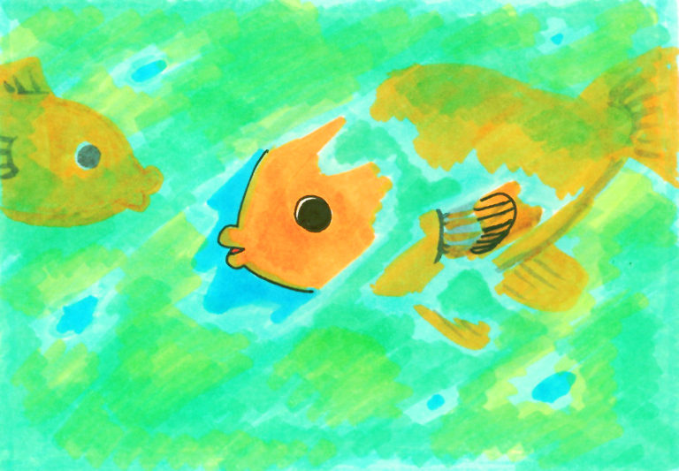 緑色の水の中を泳ぐオレンジ色の魚のイラスト