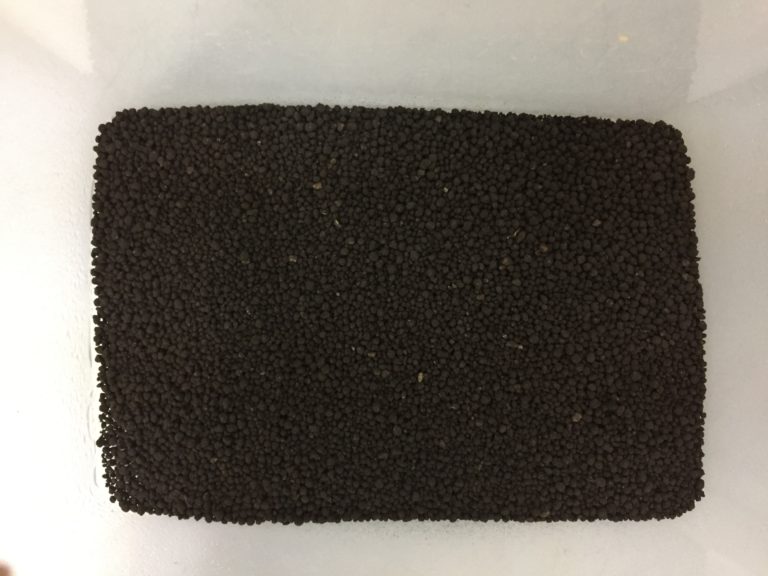 白い容器の底に敷き詰められた黒いアクアリウム用ソイル