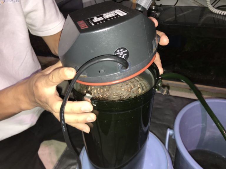 外部式フィルターのヘッドパーツを開ける手元