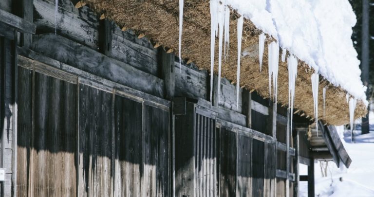 積雪した茅葺き屋根の軒下から垂れ下がる複数のつらら