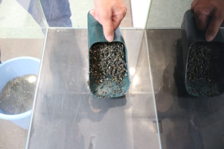 スコップで水槽の底に砂利を敷く手元のアップ