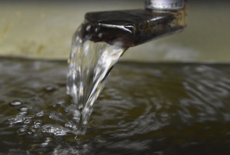 蛇口から水面に注がれる透明な水と広がる波紋