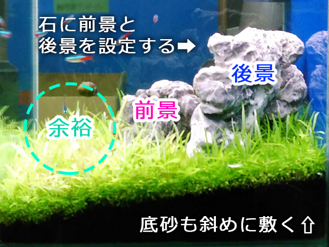 石に前景と後景を設定し底砂を斜めに敷く水槽レイアウト画像