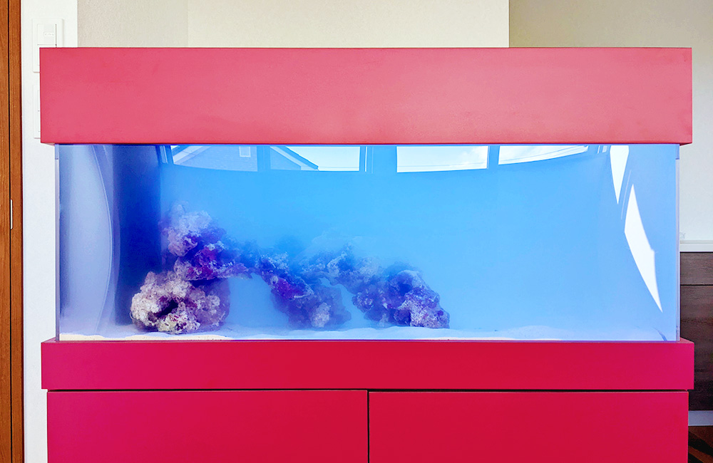 赤い水槽台とキャノピーを備えた海水魚水槽のレイアウト