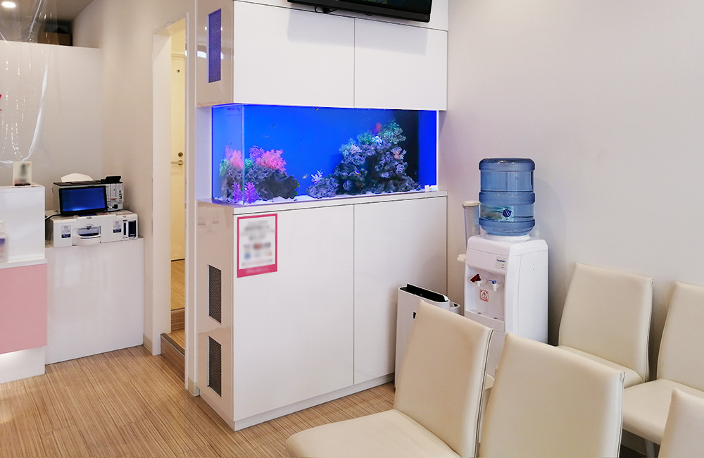 待合室の壁に埋め込まれた大型の海水魚水槽