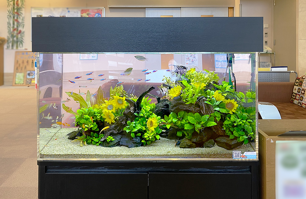 ひまわりの造花と流木で飾られた水草水槽と泳ぐ小型魚類