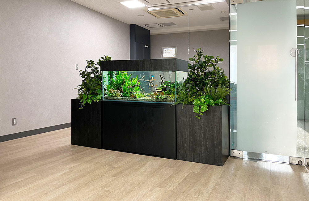 オフィスに設置された水草水槽と両脇の観葉植物