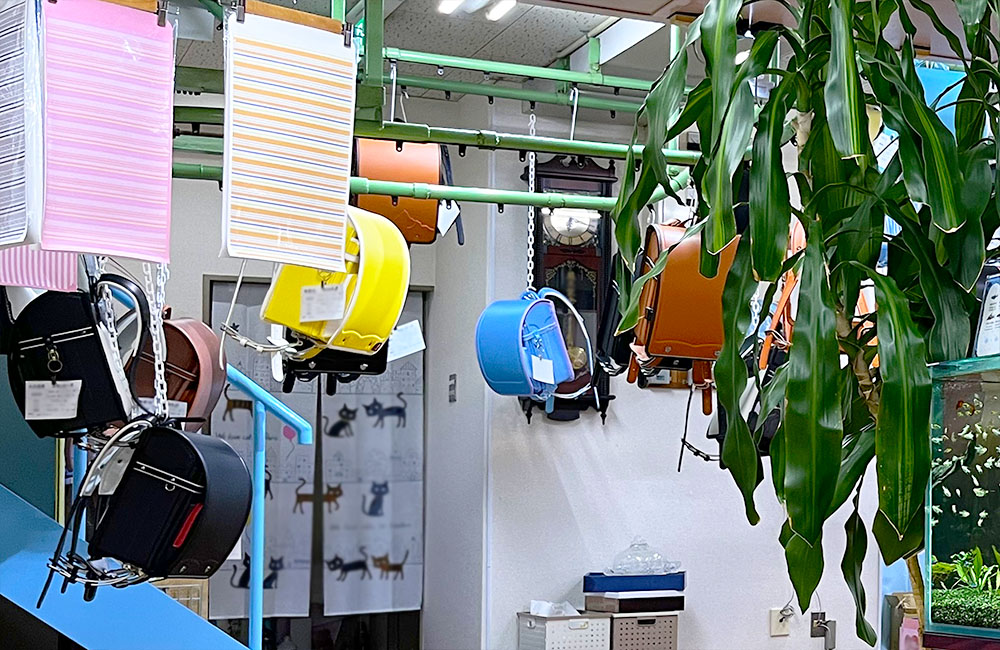 天井から吊るされた色とりどりのランドセルと観葉植物